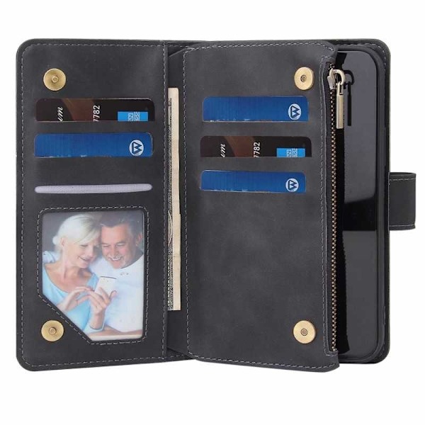 iPhone 11 multifunktionelt pung etui Lynlås 8-rum Svart