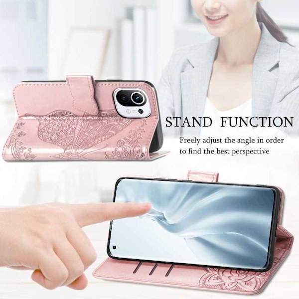 Xiaomi Mi 11 Pung Etui PU Læder 4-LOMMES Motiv Sommerfugl Pink gold