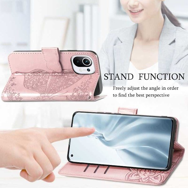 Xiaomi Mi 11 Wallet Case PU-nahkainen 4-POCKET Motif Butterfly Pink gold