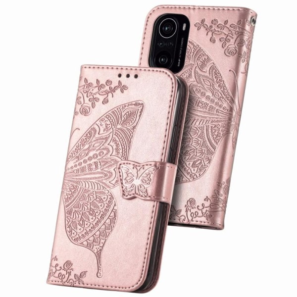 Xiaomi Mi 11i -lompakkokotelo, PU-nahkainen 4-TASKUN Motif Butterfly Pink gold