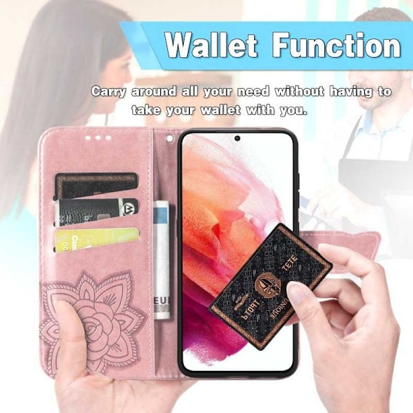 Samsung S21 FE Plånboksfodral PU-Läder 4-FACK Motiv Fjäril Rosenguld