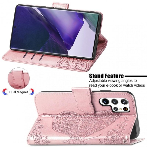 Samsung S22 Ultra Plånboksfodral PU-Läder 4-FACK Motiv Fjäril Pink gold
