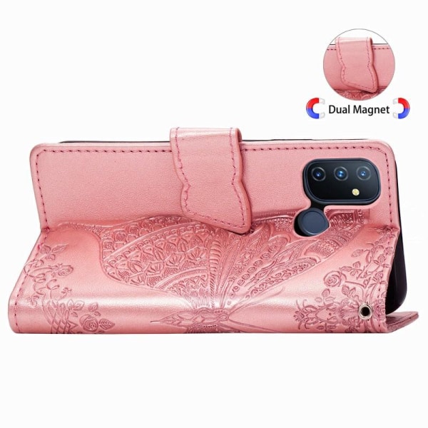 OnePlus Nord N100 lommebokveske PU skinn 4-LOMMER Motiv Butterfly Pink gold