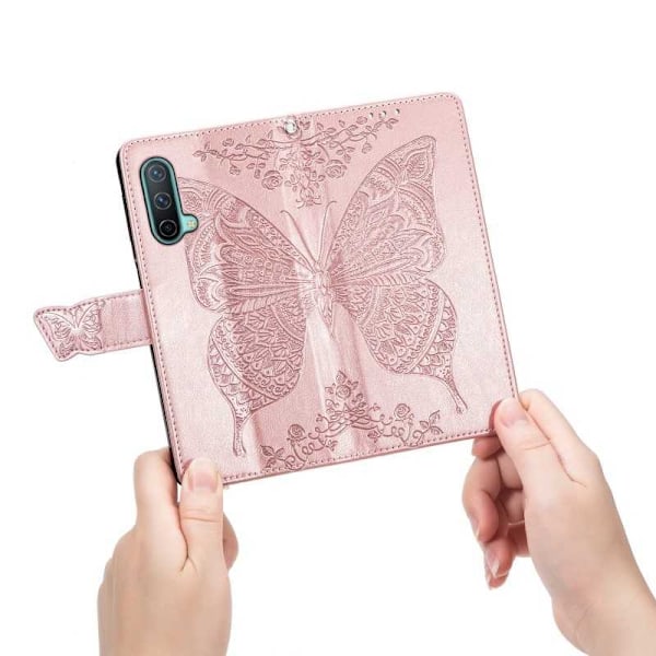 OnePlus Nord CE 5G Plånboksfodral PU-Läder 4-FACK Motiv Fjäril Rosa guld