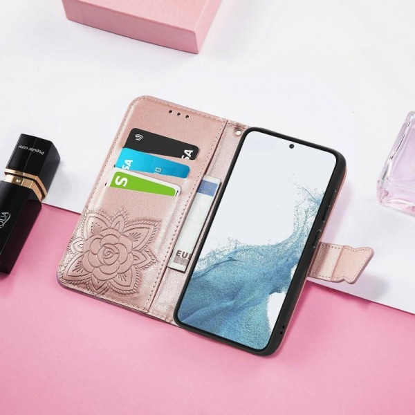 Samsung S23 -lompakkokotelo PU-nahkainen 4-TASKUN Motif Butterfl Pink gold