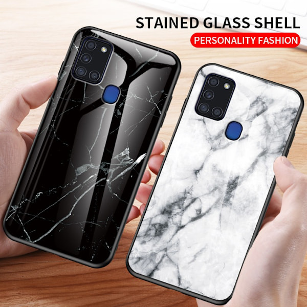 Samsung A21s Marble Shell 9H Tempered Glass Back Glassback V2 Black Svart/Vit