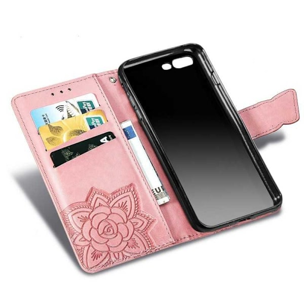 iPhone 7 Plus / 8 Plus Pung-etui PU-læder 4-LOMMES Motiv Sommerfugl Rosenguld