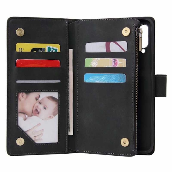 Samsung A20s Multifunktionellt Plånboksfodral Zipper 8-Fack Svart