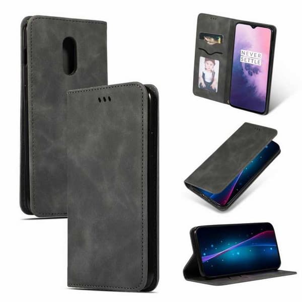 OnePlus 7 Flip Case Korttilokero Suede Black