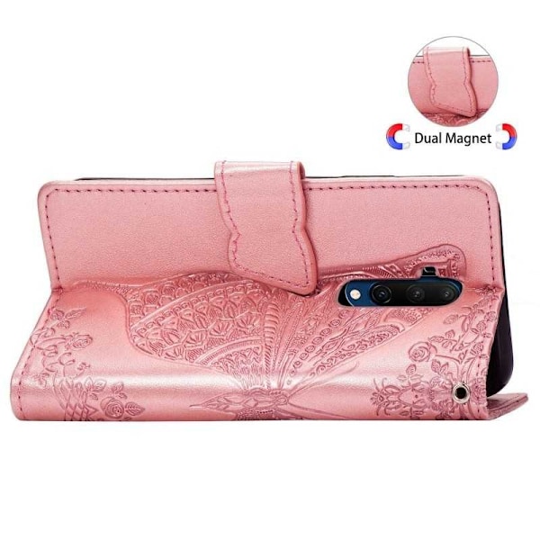 OnePlus 7 Pro / 7T Pro tegnebog etui PU læder 4-BAG Motiv sommerfugl Pink gold