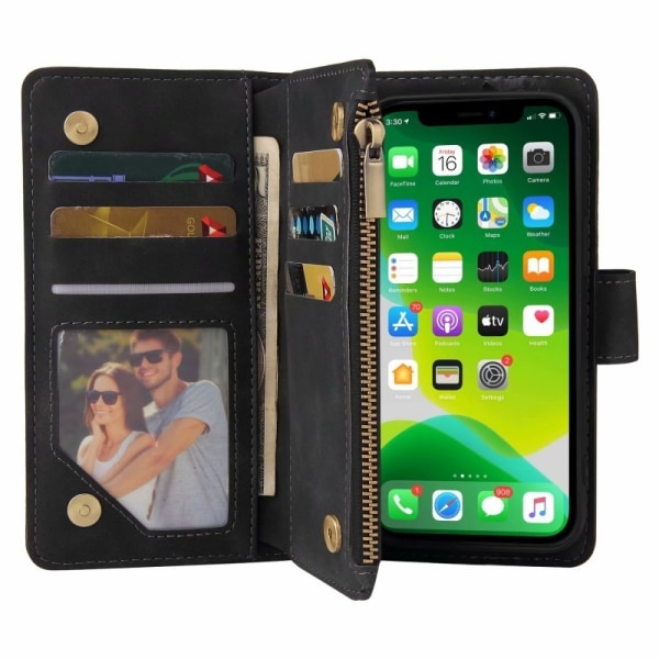 iPhone 15 Multifunktionellt Plånboksfodral Zipper 8-Fack Svart