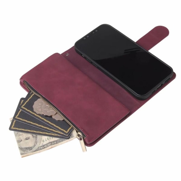 iPhone 12 Pro Max multifunksjonelt lommebokveske Glidelås 8-lomm Vinröd