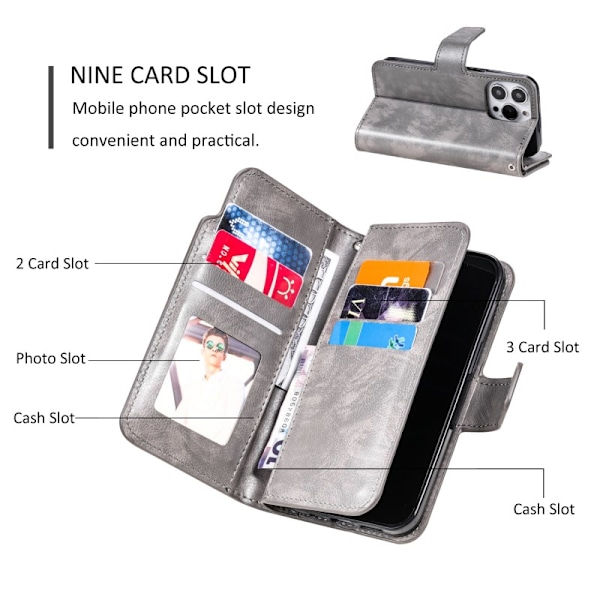 iPhone 15 Pro Max Praktisk Plånboksfodral med 12-Fack Array V4 - Grå