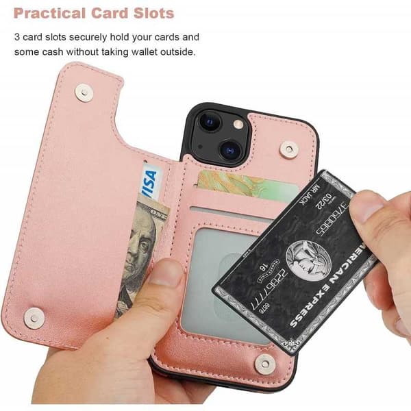 iPhone 14 Max Iskunkestävä Kannen korttiteline 3-POCKET Flippr V2 Pink gold