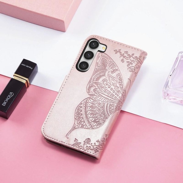 Samsung S23 -lompakkokotelo PU-nahkainen 4-TASKUN Motif Butterfl Pink gold