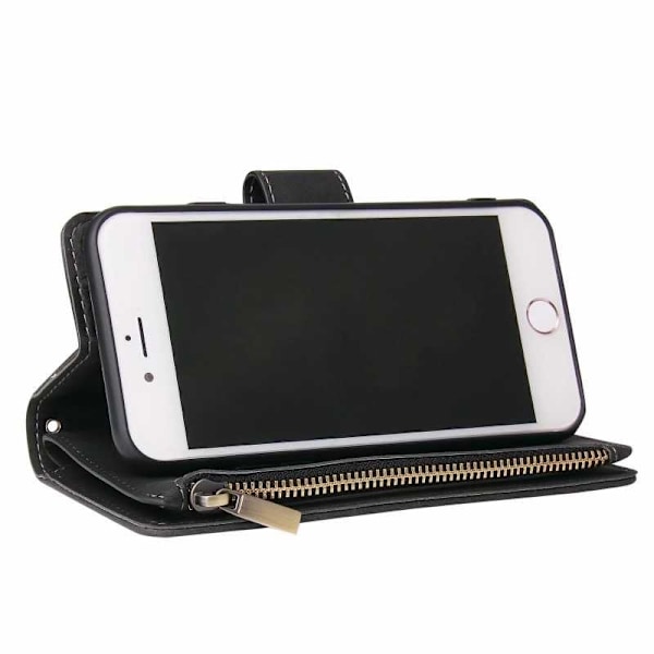 iPhone 7 / 8 / SE (2020&2022) Multifunktionellt Plånboksfodral Zipper 8-Fack Svart