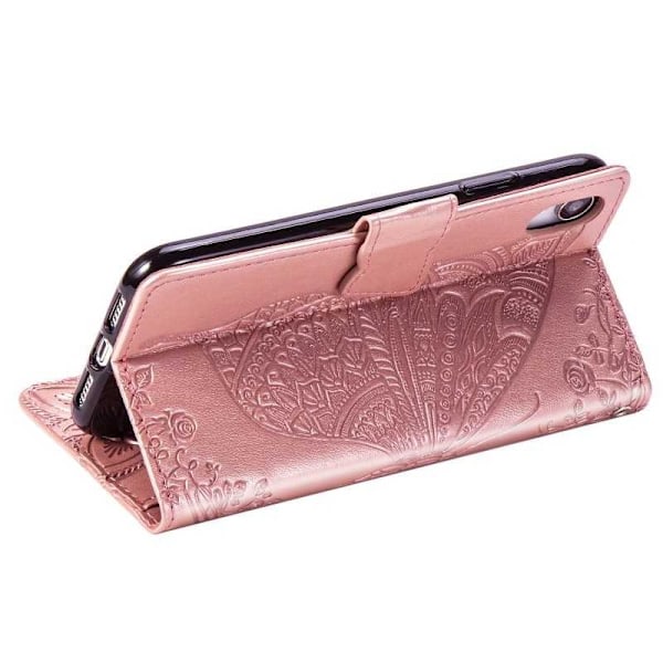 iPhone X / XS -lompakkokotelo PU-nahkainen 4-POCKET Motif Butterfly Rosenguld