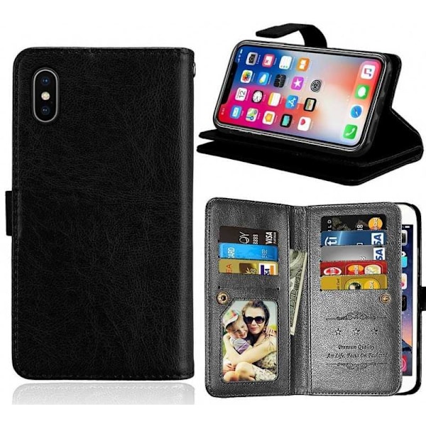 iPhone XS Praktiskt Plånboksfodral 2in1 med 11-Fack Loop Svart