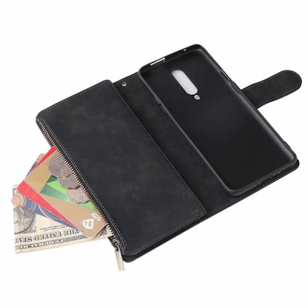 OnePlus 7 Pro monitoiminen lompakkokotelo, vetoketjullinen 8 tasku Black