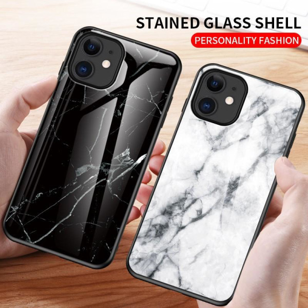 iPhone 12 / 12 Pro Marmorskal 9H Härdat Glas Baksida Glassback V Black Svart/Vit