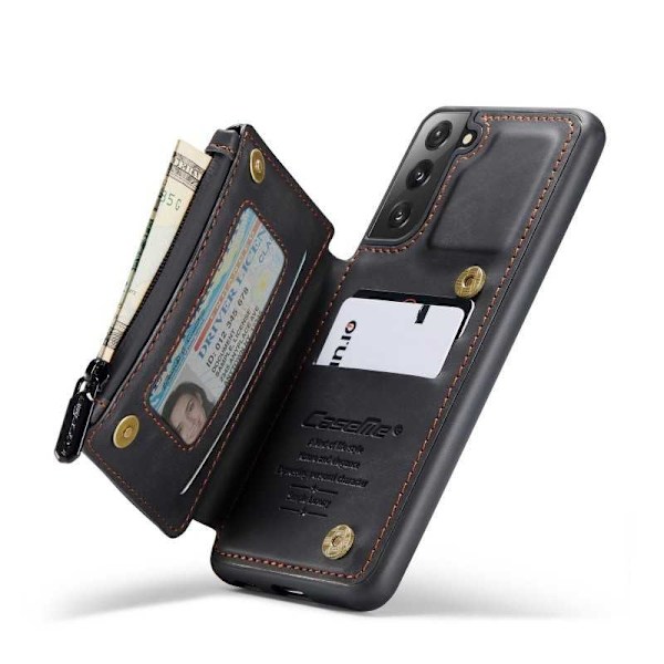 Samsung S21 Plus Skal Korthållare & Dragkedja 4-FACK CaseMe Flippr Svart