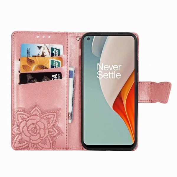 OnePlus Nord N100 lommebokveske PU skinn 4-LOMMER Motiv Butterfl Pink gold