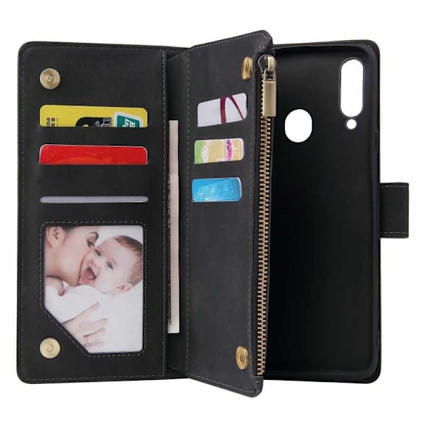 Samsung A20s Multifunktionellt Plånboksfodral Zipper 8-Fack Svart