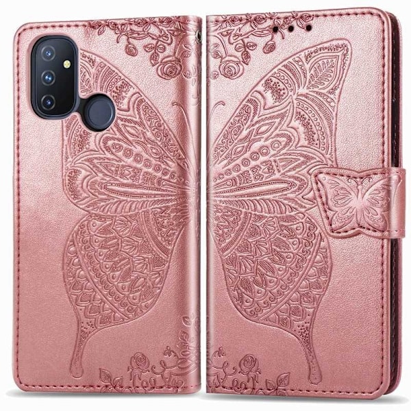 OnePlus Nord N100 Plånboksfodral PU-Läder 4-FACK Motiv Fjäril Rosa guld