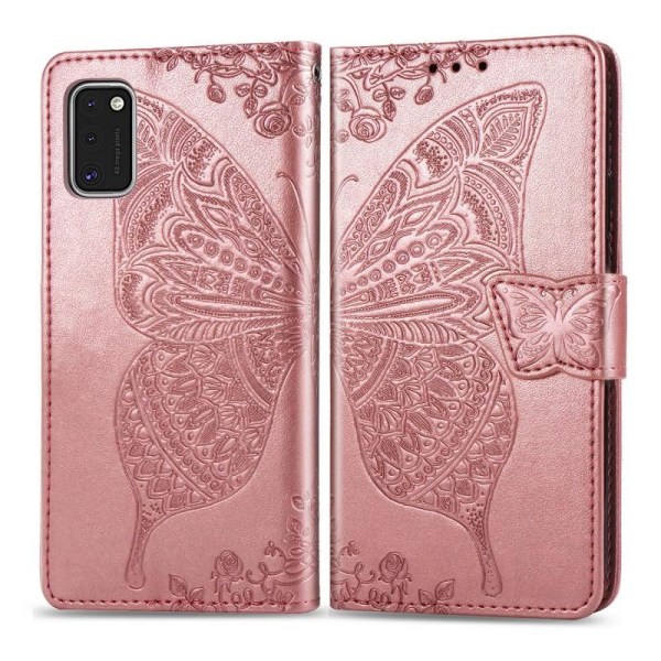 Samsung A41 lompakkokotelo PU-nahkainen 4-POCKET Motif Butterfly Pink gold