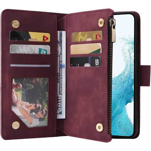 Samsung S23 FE Multifunktionellt Plånboksfodral Zipper 8-Fack - Vinröd