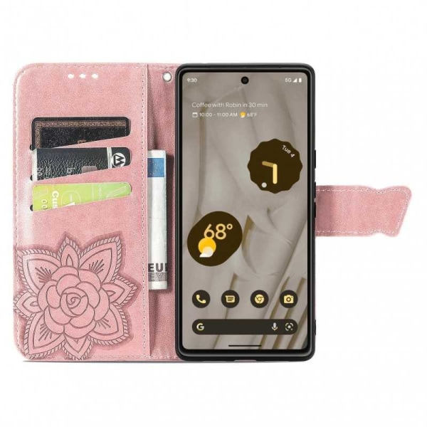 Google Pixel 7a Plånboksfodral PU-Läder 4-FACK Motiv Fjäril Rosa guld