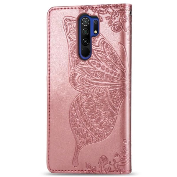 Xiaomi Redmi 9 Wallet Case PU Læder 4-LOMMES Motiv Sommerfugl Pink gold