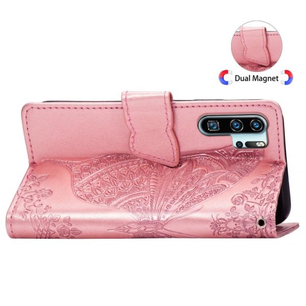 Huawei P30 Pro Pung Etui PU Læder 4-LOMMES Motiv Sommerfugl Pink gold