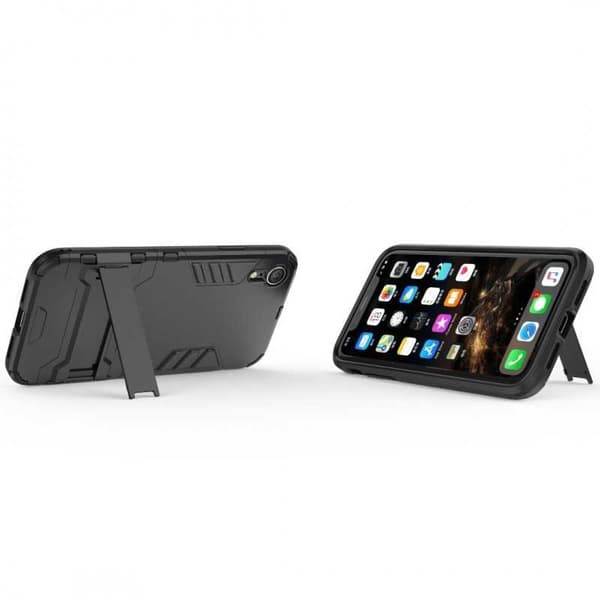 iPhone XR iskunkestävä kotelo jalustalla ThinArmor Black