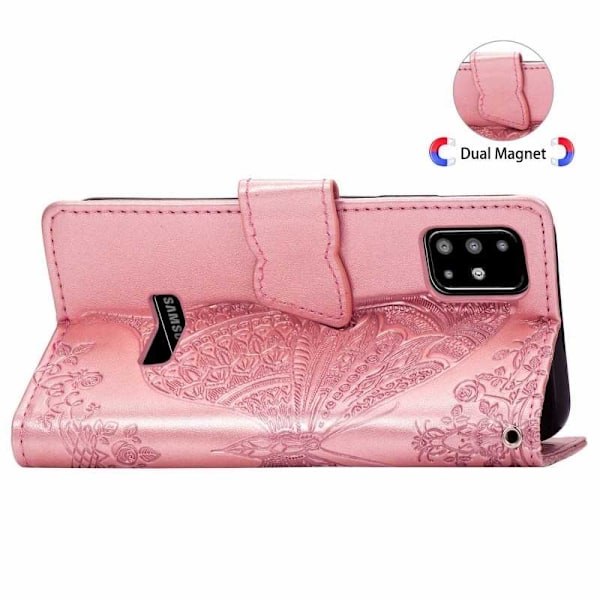 Samsung A51 4G lompakkokotelo PU-nahkainen 4-POCKET Motif Butterfly Pink gold