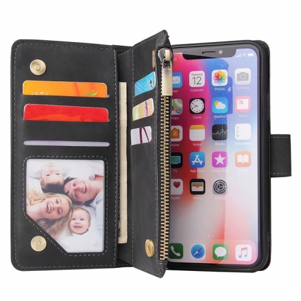 iPhone X / XS multifunksjonelt lommebokveske glidelås 8-lomme Svart