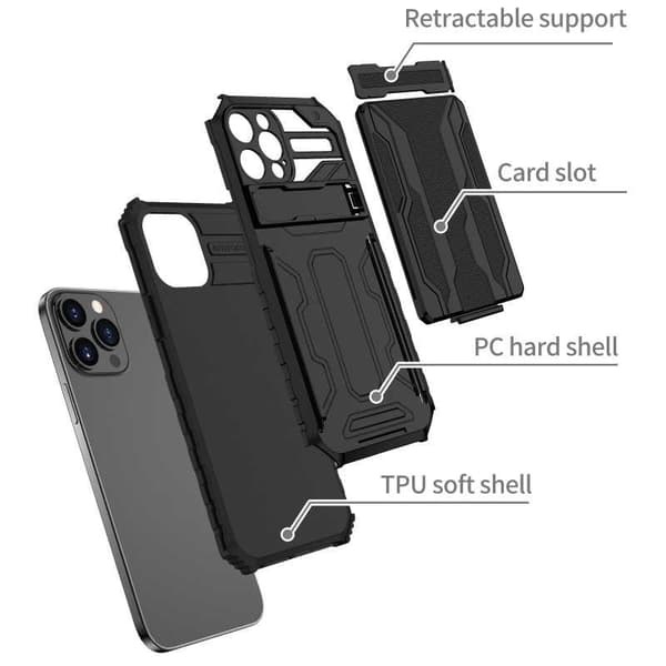 iPhone 12 Pro Max Iskunkestävä kansi Jalusta ja korttipaikka ThinArmor V3 Black