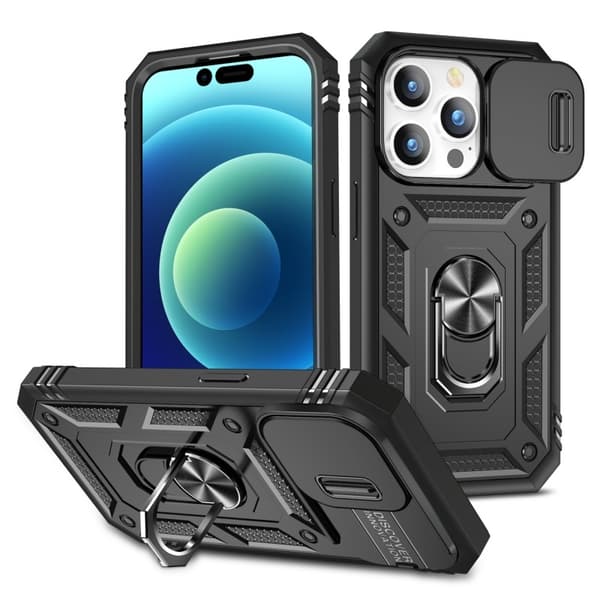 iPhone 15 Pro Max Hybridskal med Ringhållare & Kameraskydd - Svart
