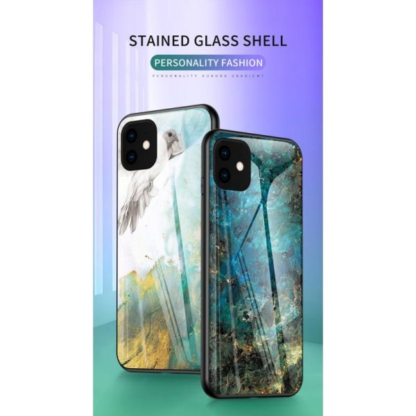 iPhone 11 Pro Max Marble Shell 9H karkaistu lasi tausta Glassbac Black Svart/Vit