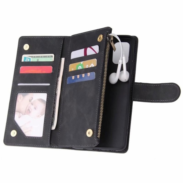 Samsung A71 monitoiminen lompakkokotelo, vetoketjullinen 8 tasku Black