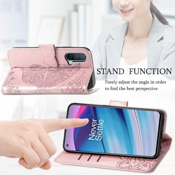 OnePlus Nord CE 5G lompakkokotelo PU-nahkainen 4-POCKET Motif Butterfly Pink gold