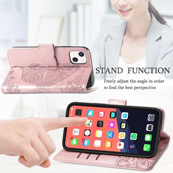 iPhone 13 Mini Plånboksfodral PU-Läder 4-FACK Motiv Fjäril Rosenguld