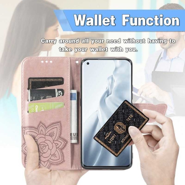 Xiaomi Mi 11 Plånboksfodral PU-Läder 4-FACK Motiv Fjäril Rosa guld