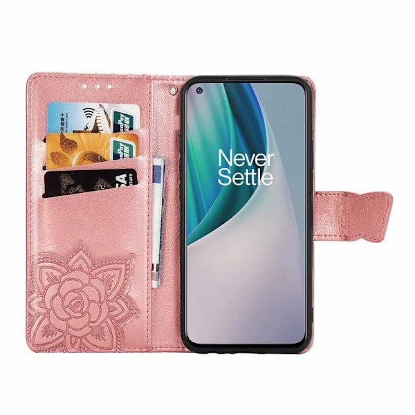 OnePlus Nord N10 -lompakkokotelo PU-nahkainen 4-TASKUN motiiviperhonen Pink gold