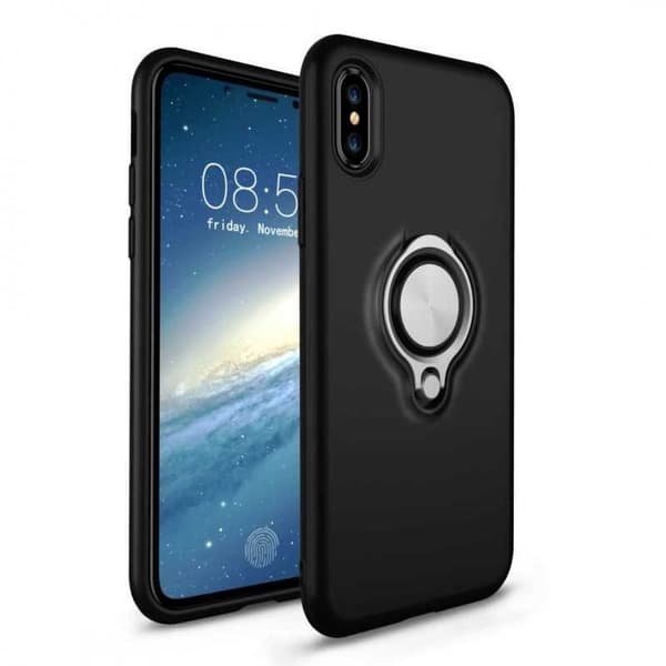 iPhone X Iskunkestävä mattamusta suojus sormustelineellä Svart