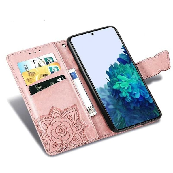 Samsung S22 Plånboksfodral PU-Läder 4-FACK Motiv Fjäril Rosenguld