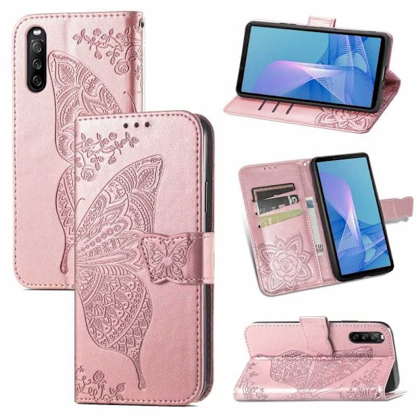 Xperia 10 III Plånboksfodral PU-Läder 4-FACK Motiv Fjäril Rosa guld