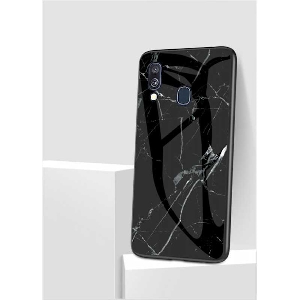 Samsung A40 Marble Shell 9H hærdet glas bagside Glassback V2 Black Svart/Guld