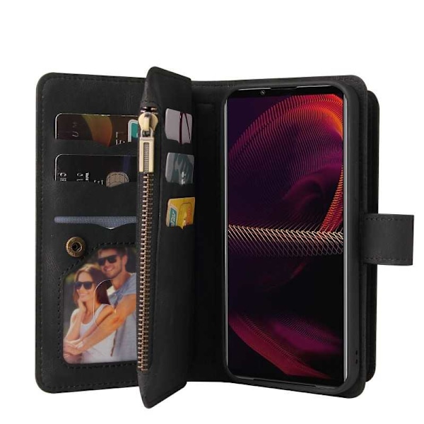 Xperia 5 III Multifunktionellt Plånboksfodral Zip 13-Fack Svart