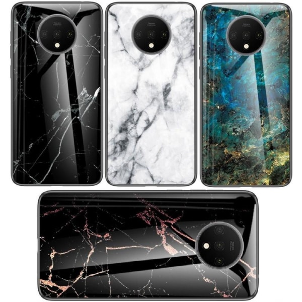 OnePlus 7T Marble Shell 9H hærdet glas bagside glas bagside V2 Black Svart/Vit